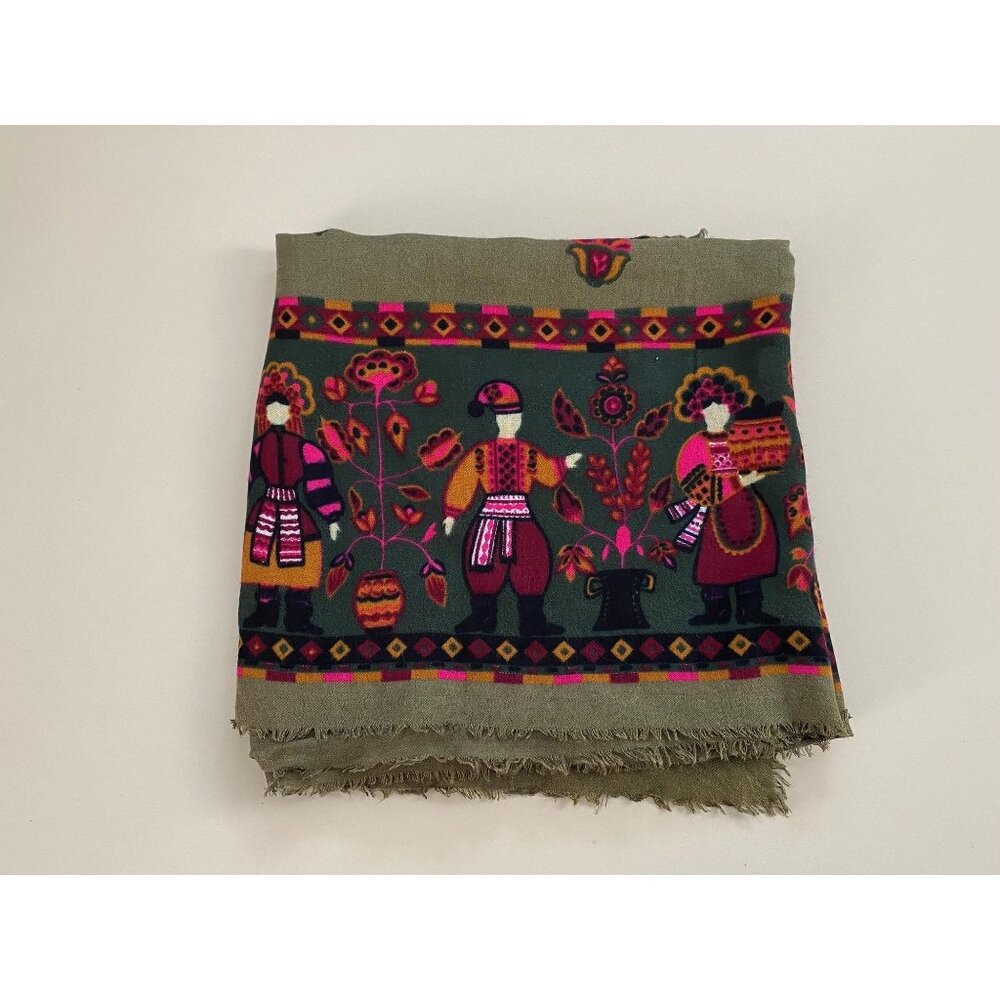 Vintage Cornelia James Rayon Scarf, Made in Italy, 44" x 42", Folk Art Print